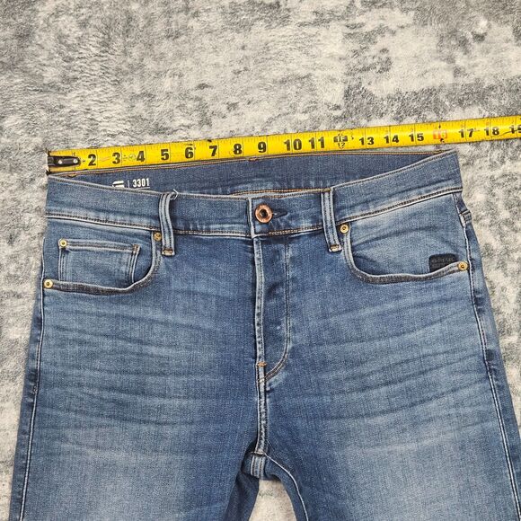 G Star Raw Jeans Mens 31x30 Blue Denim Slim Button Fly Light Wash Stretch 3301 - Picture 5 of 15